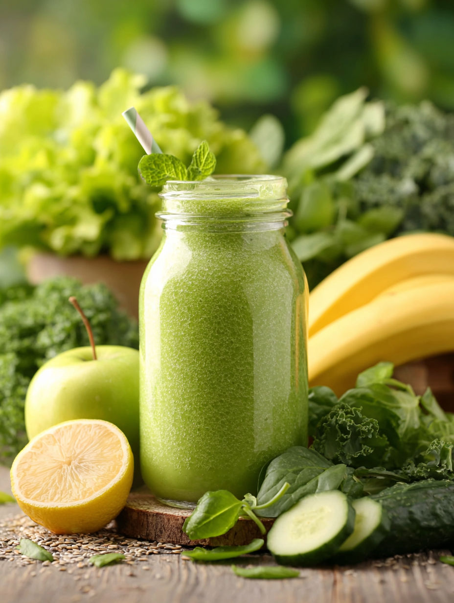 A green smoothie in a glass jar with a lemon wedge and a banana.