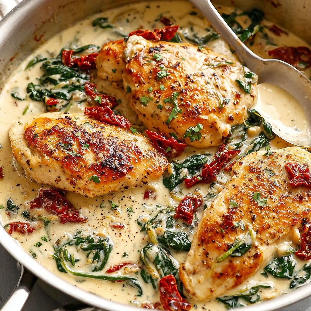 A pan of chicken with greens and sauce.