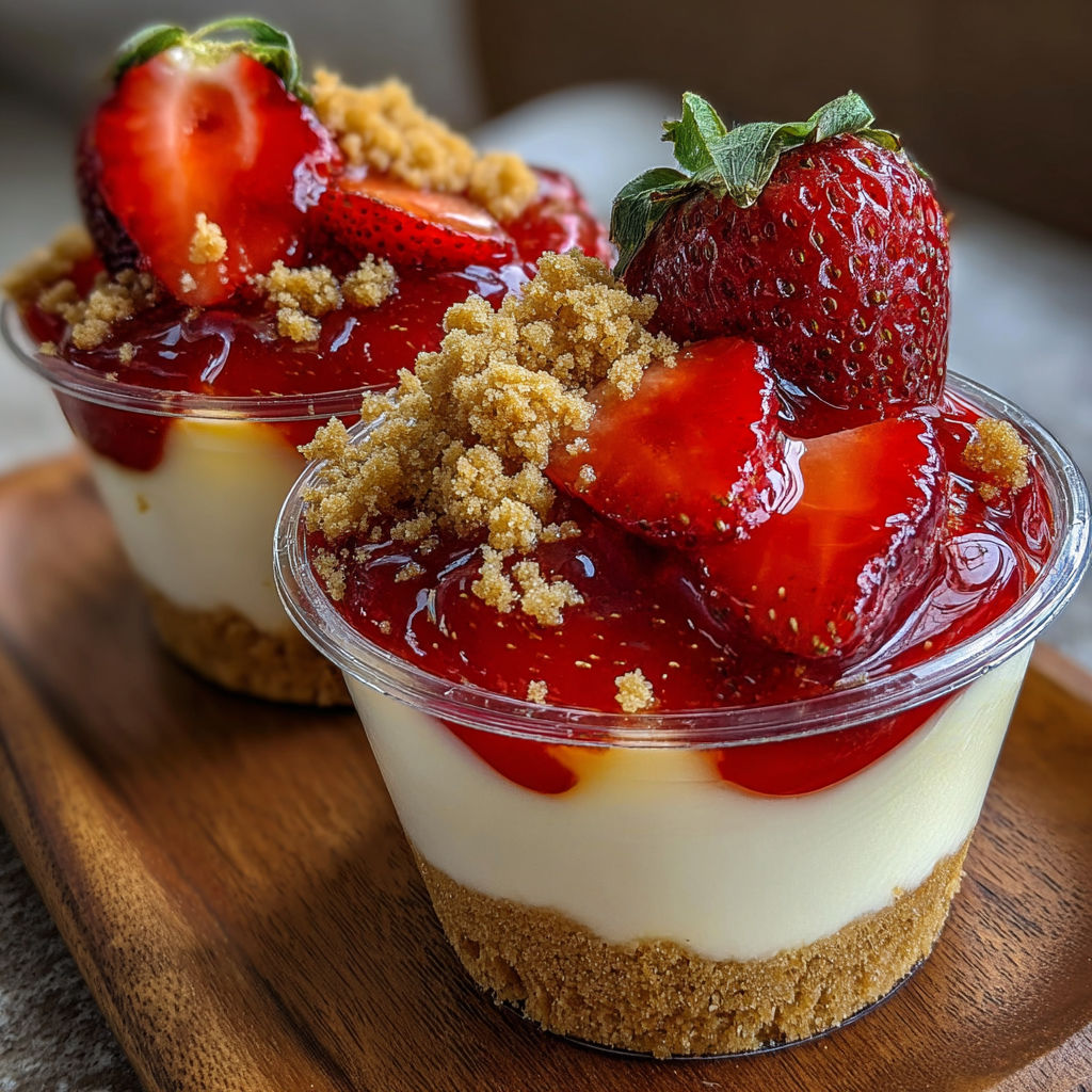 Two cups of strawberry cheesecake with crumb topping.