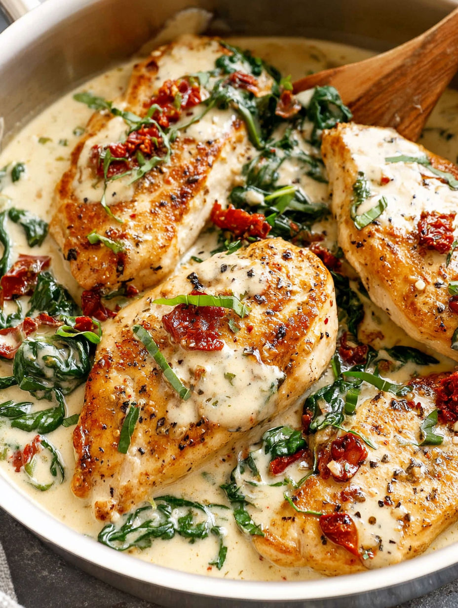 A dish of chicken with greens and sauce.
