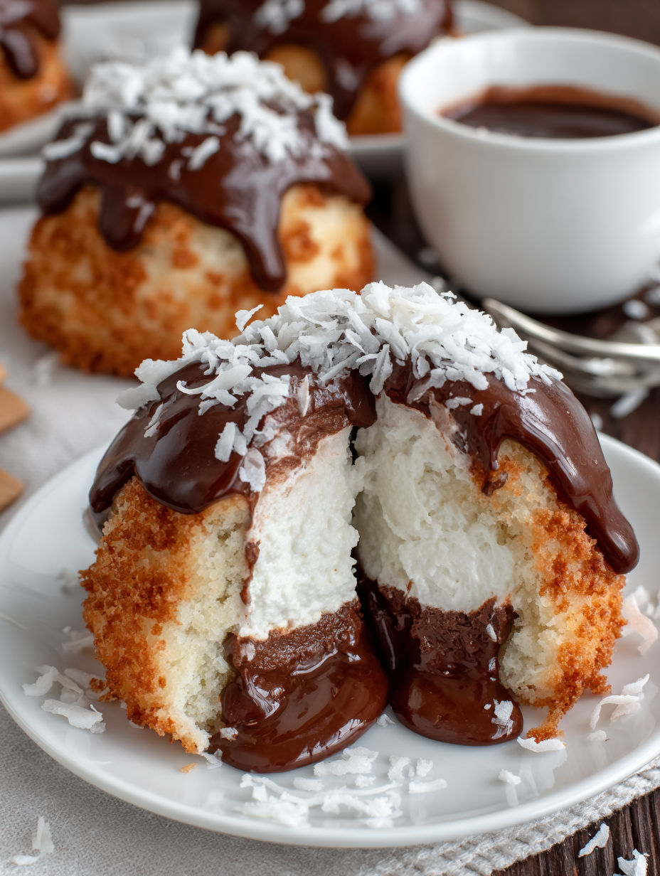 A plate of coconut domes with chocolate spread.