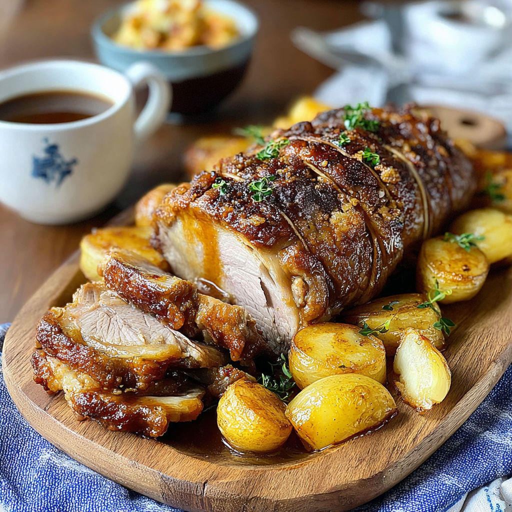 A roast pork with gravy on a wooden platter.