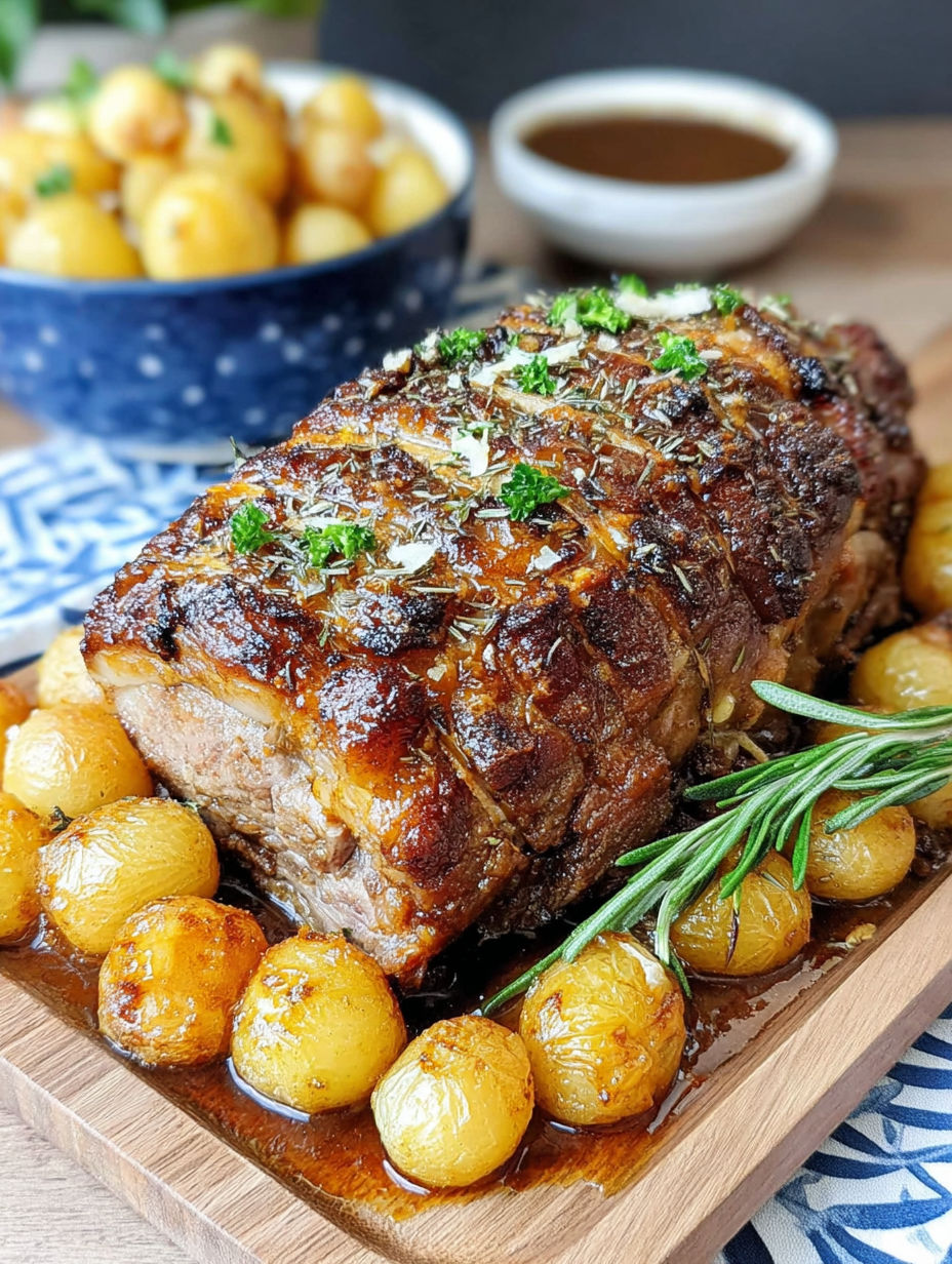 A roast pork with gravy on a wooden platter.
