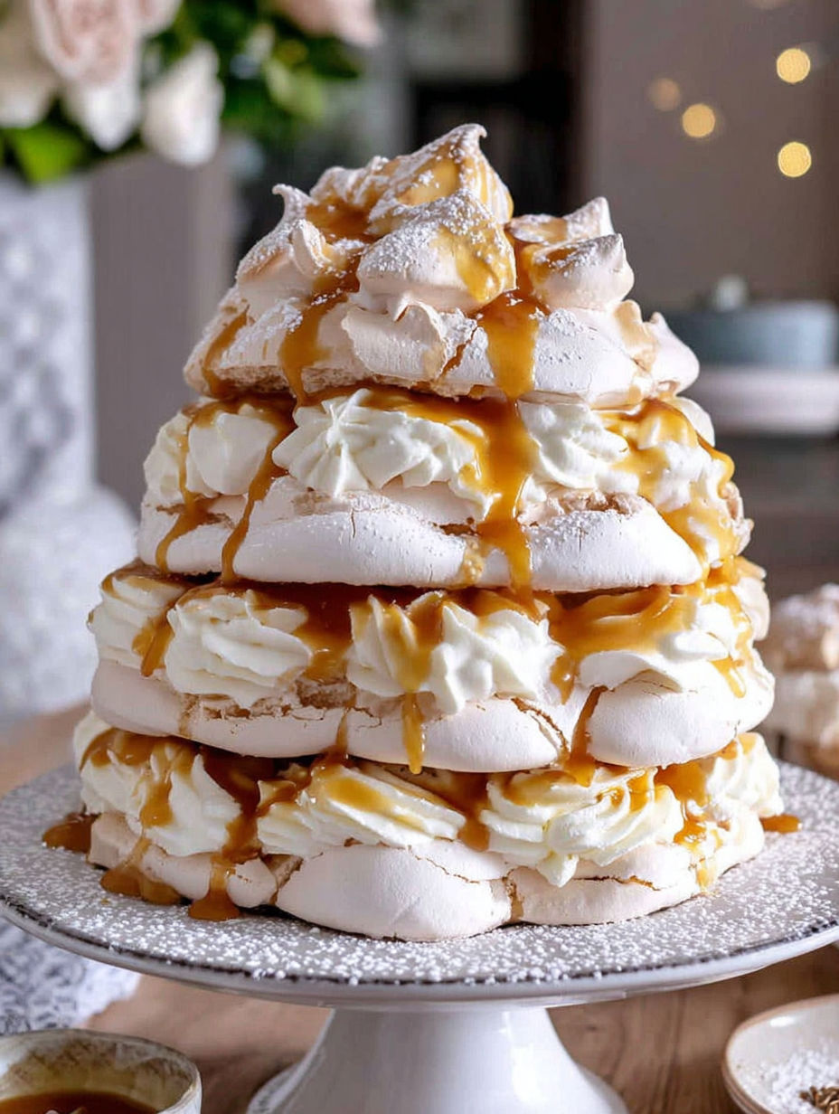 A stack of white cake with caramel drizzle.