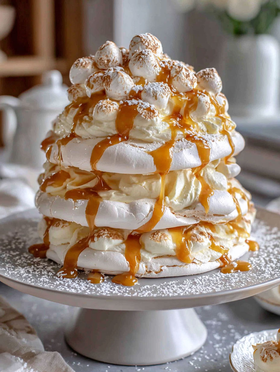 A stack of white cake with caramel drizzle.