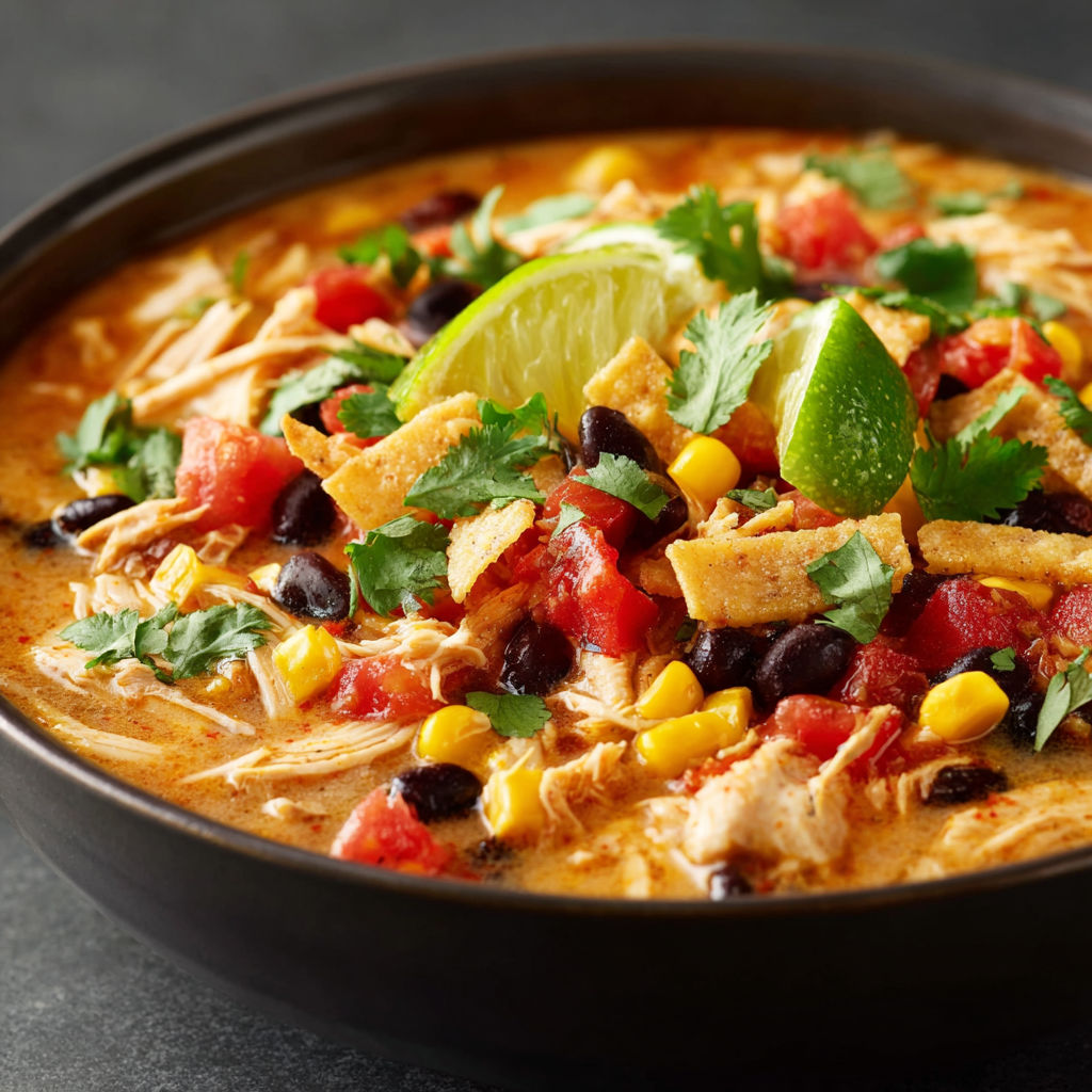 A bowl of chicken tortilla soup with a lime wedge on top.
