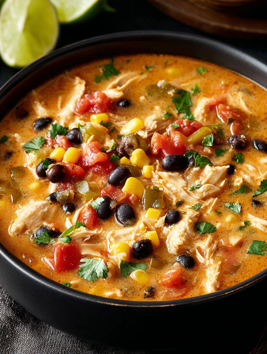 A bowl of chicken tortilla soup with tomatoes, corn, and black beans.