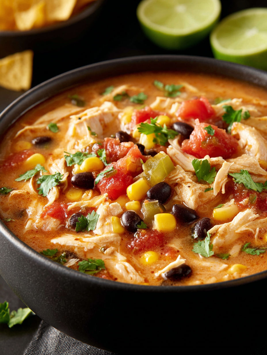 A bowl of chicken tortilla soup with tomatoes, corn, and black beans.
