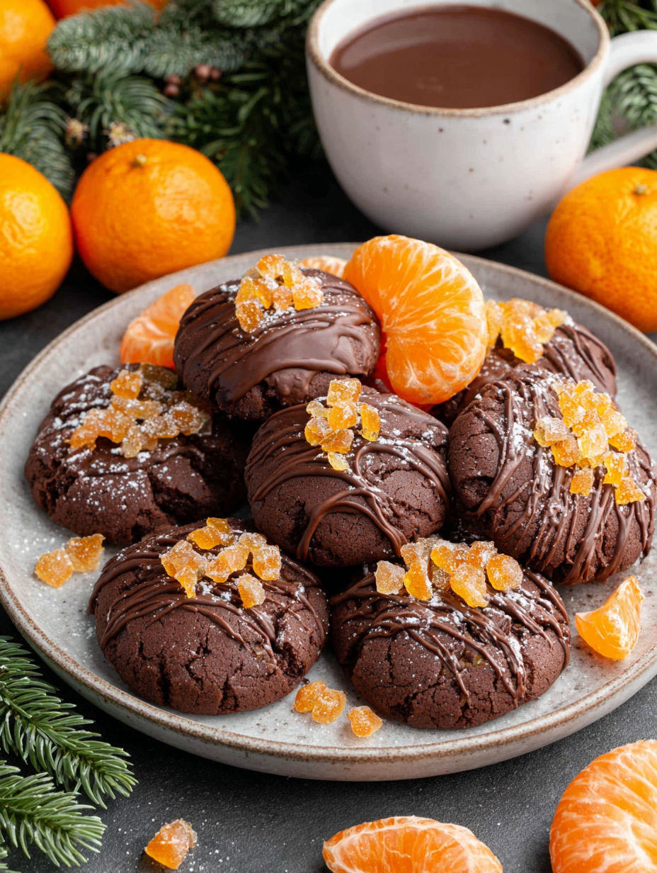 A plate of chocolate orange thumbprint cookies.