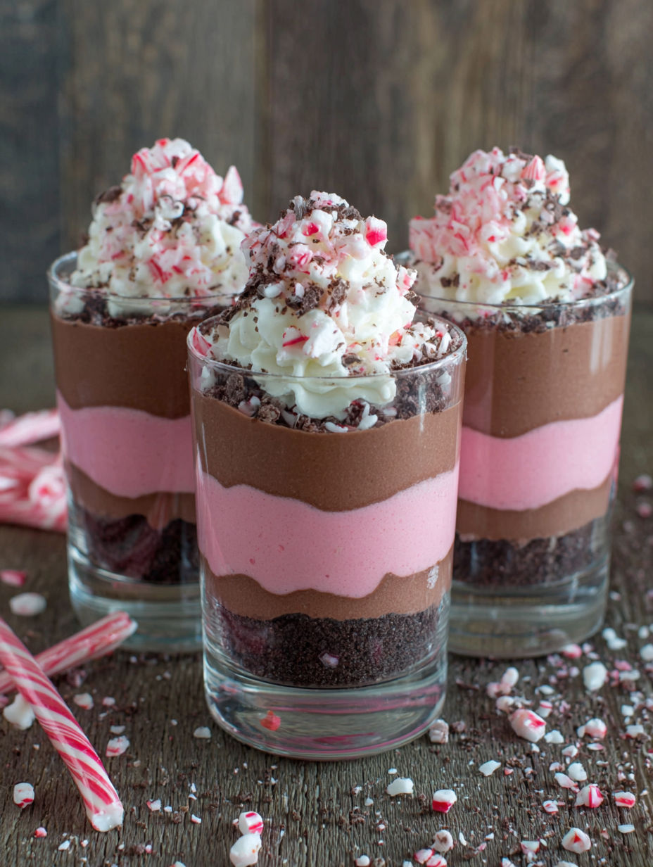 Three glasses of chocolate and white cream desserts.