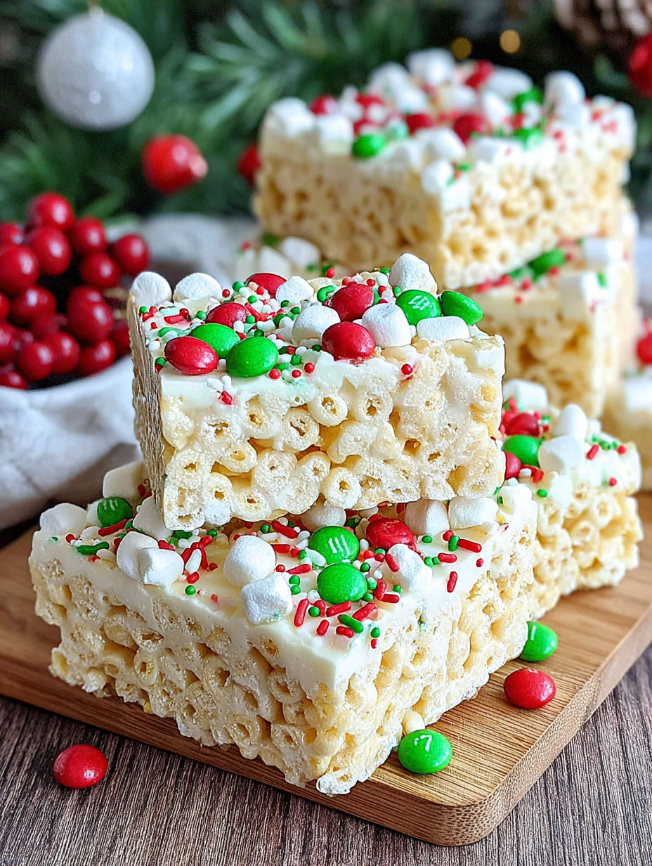 A stack of white Christmas marshmallow rice bubble slices.