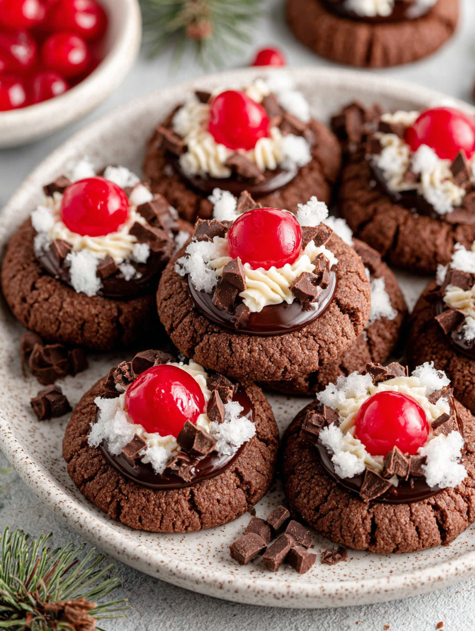 A plate of black forest thumbprint cookies.