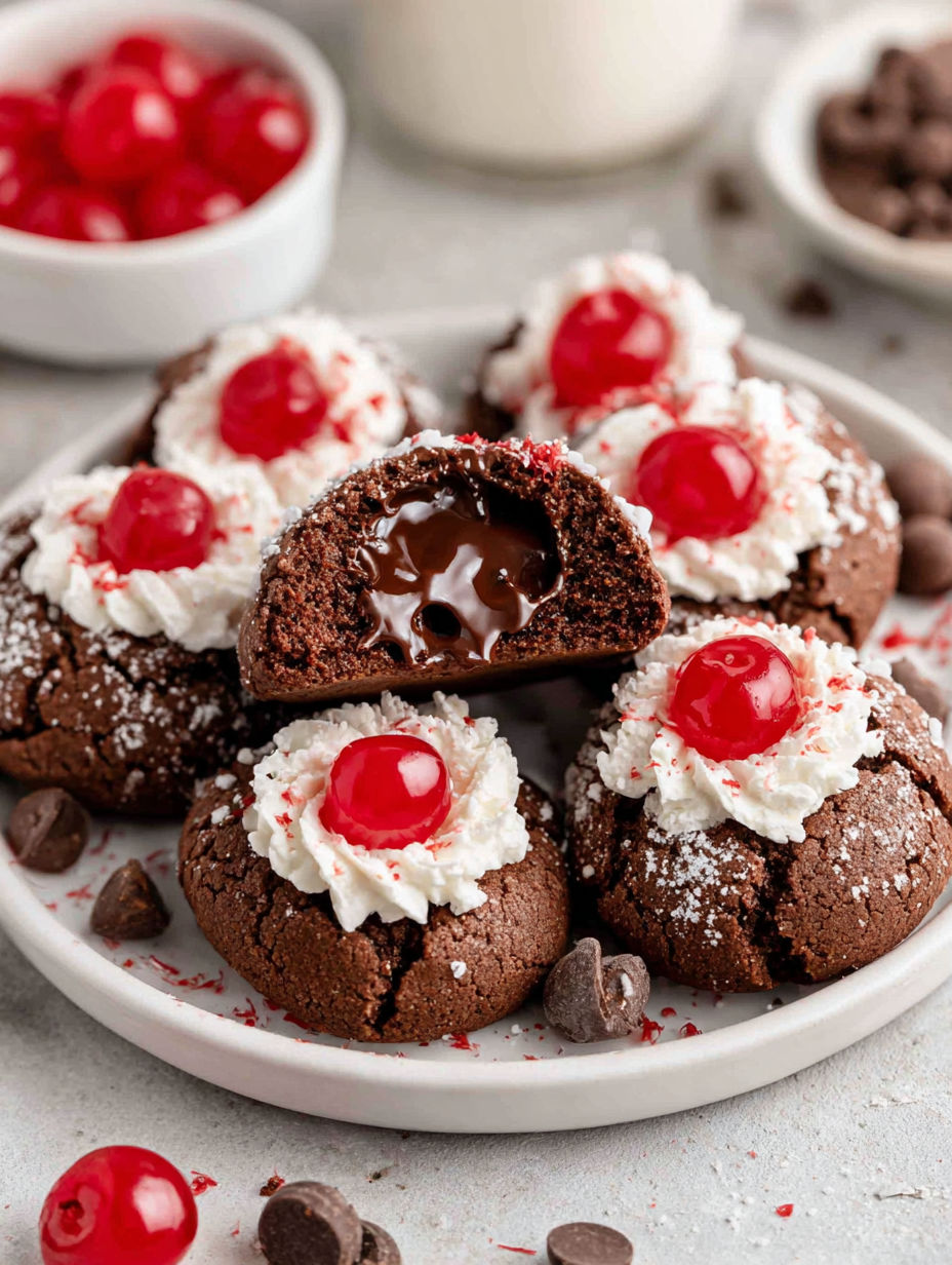 A plate of black forest thumbprint cookies.