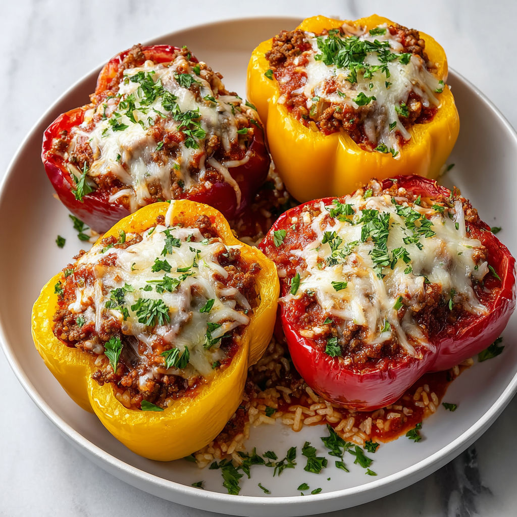 A plate of stuffed peppers with cheese and ground beef.