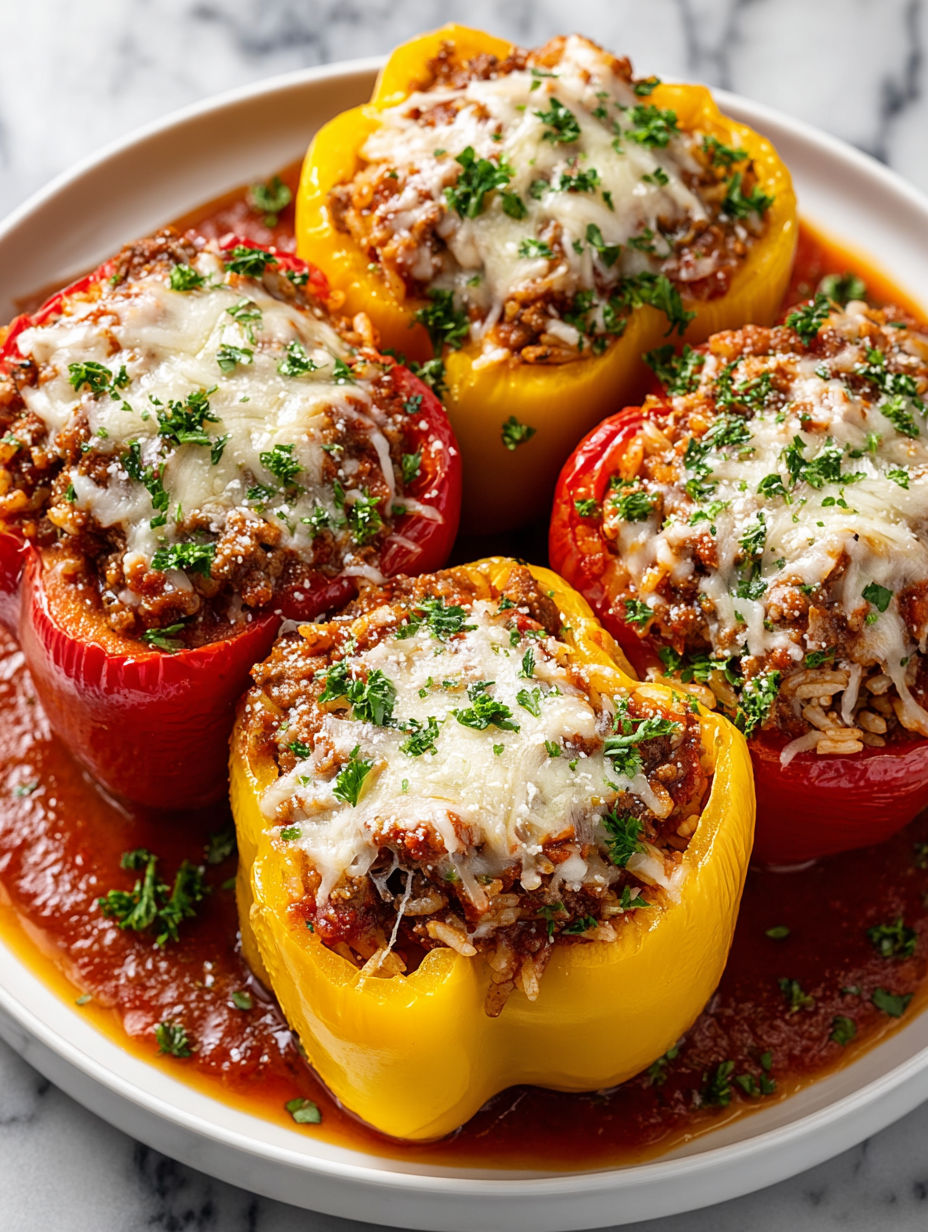 A plate of four peppers with cheese and sauce.