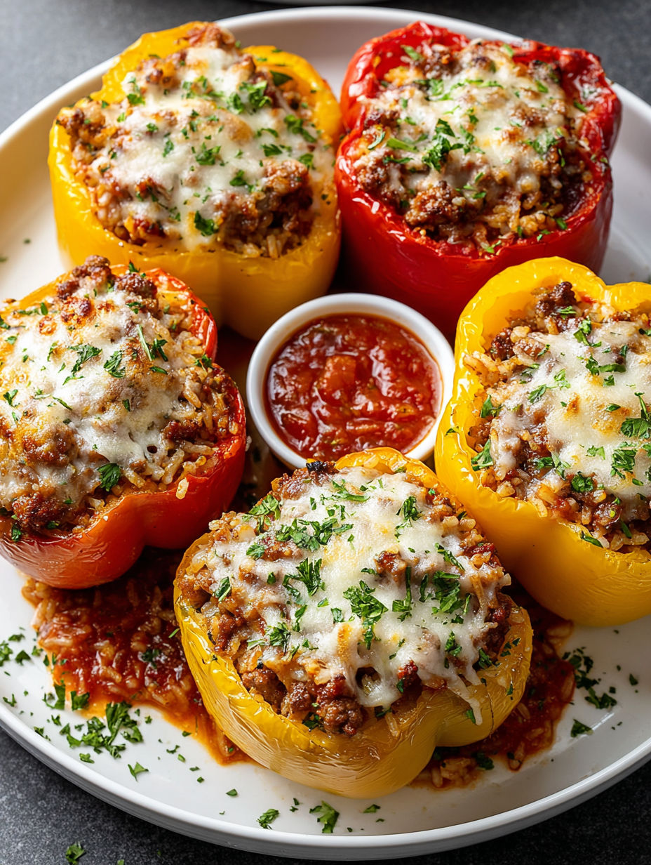 A plate of peppers with meat and cheese.