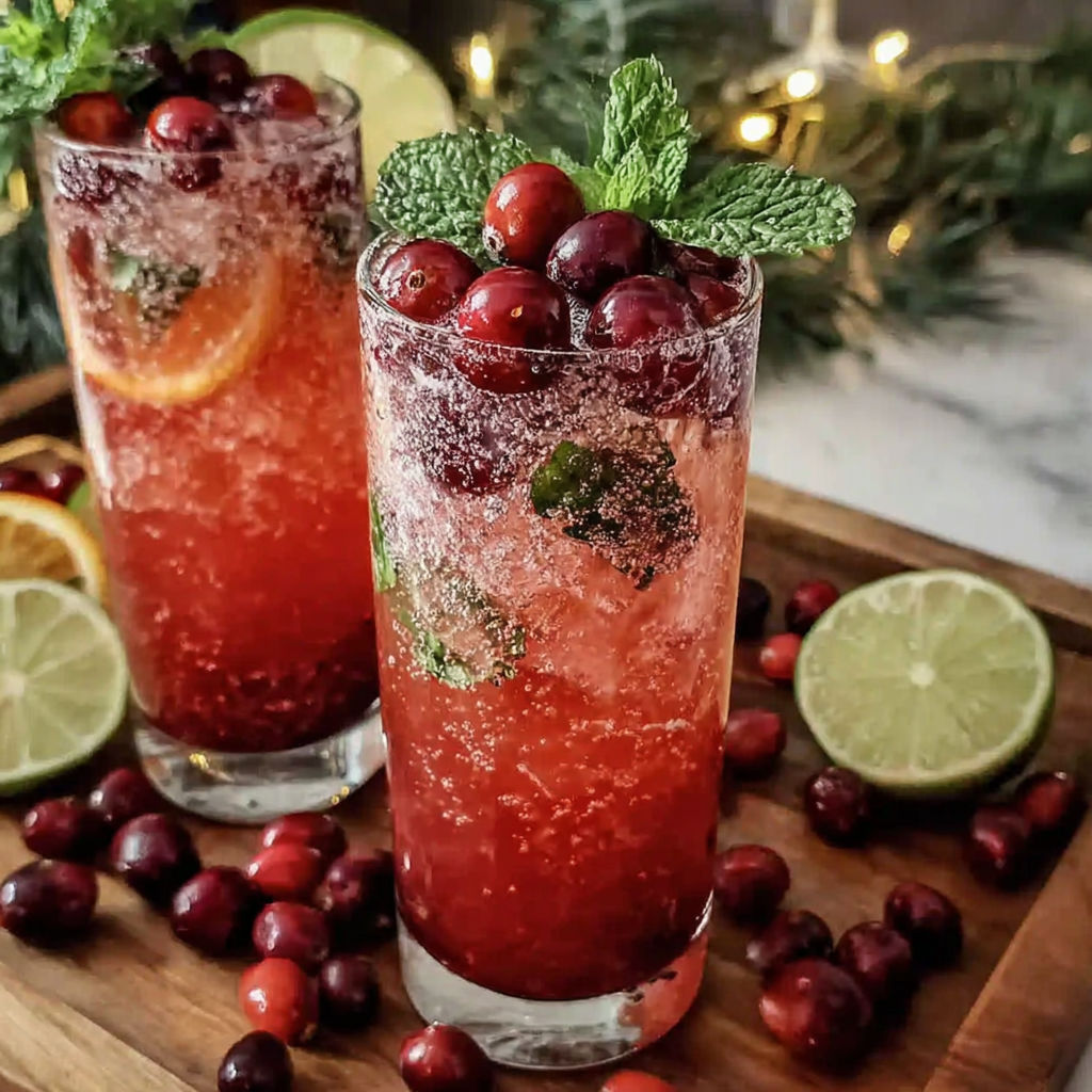 Two glasses of Christmas Cherry Fizz Mocktail.