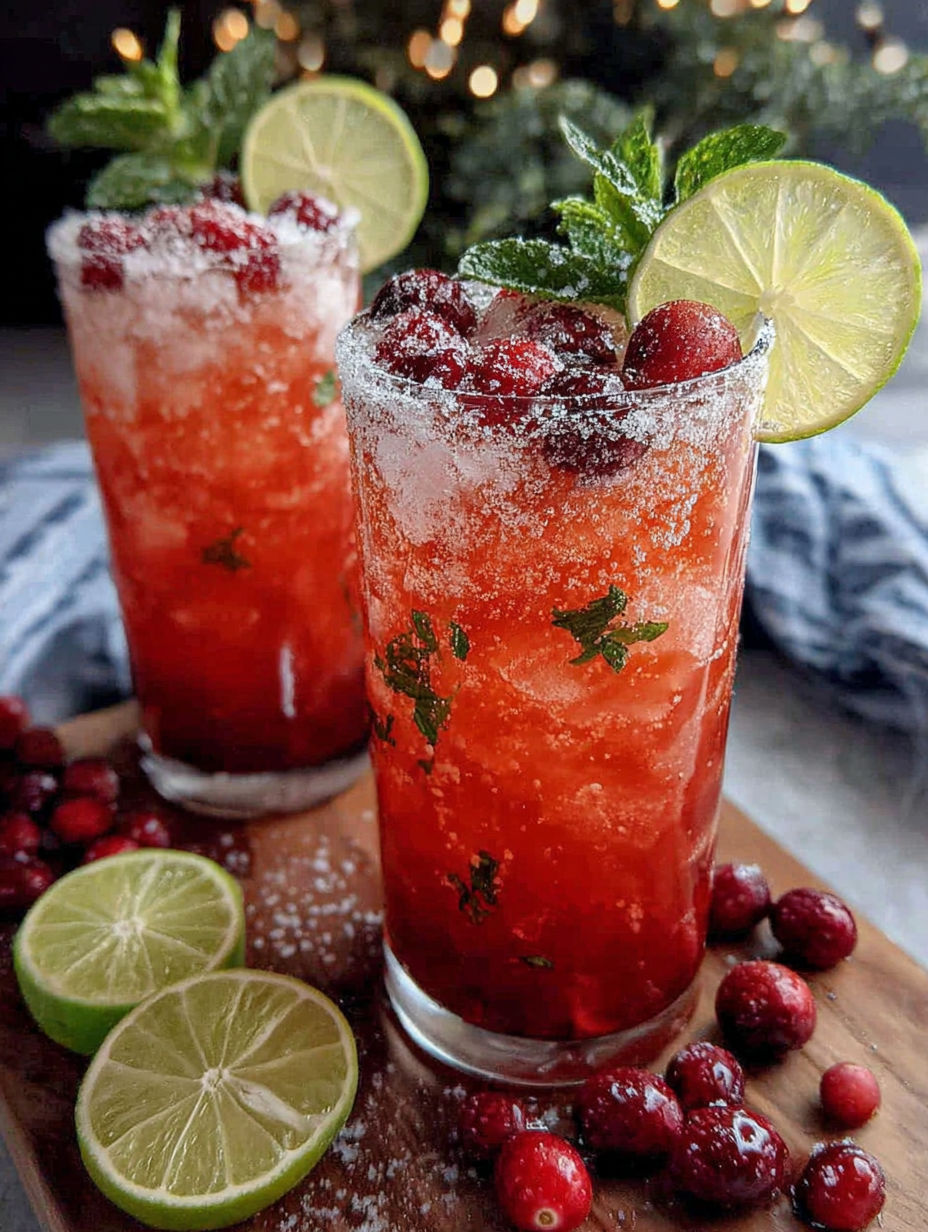 Two glasses of Christmas Cherry Fizz Mocktail.