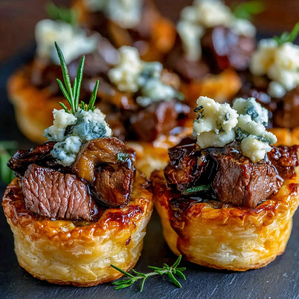 Mini beef wellington bites with blue cheese.