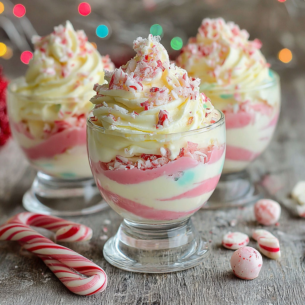 Three glasses of white chocolate mousse with candy canes.