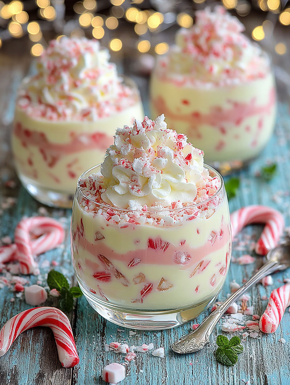 A white chocolate mousse with red and green candy canes on top.