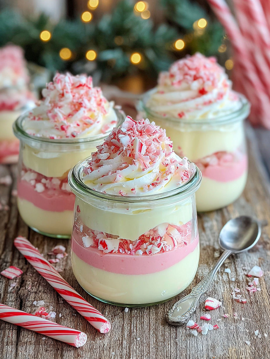 Three jars of white chocolate mousse with red candy canes on top.