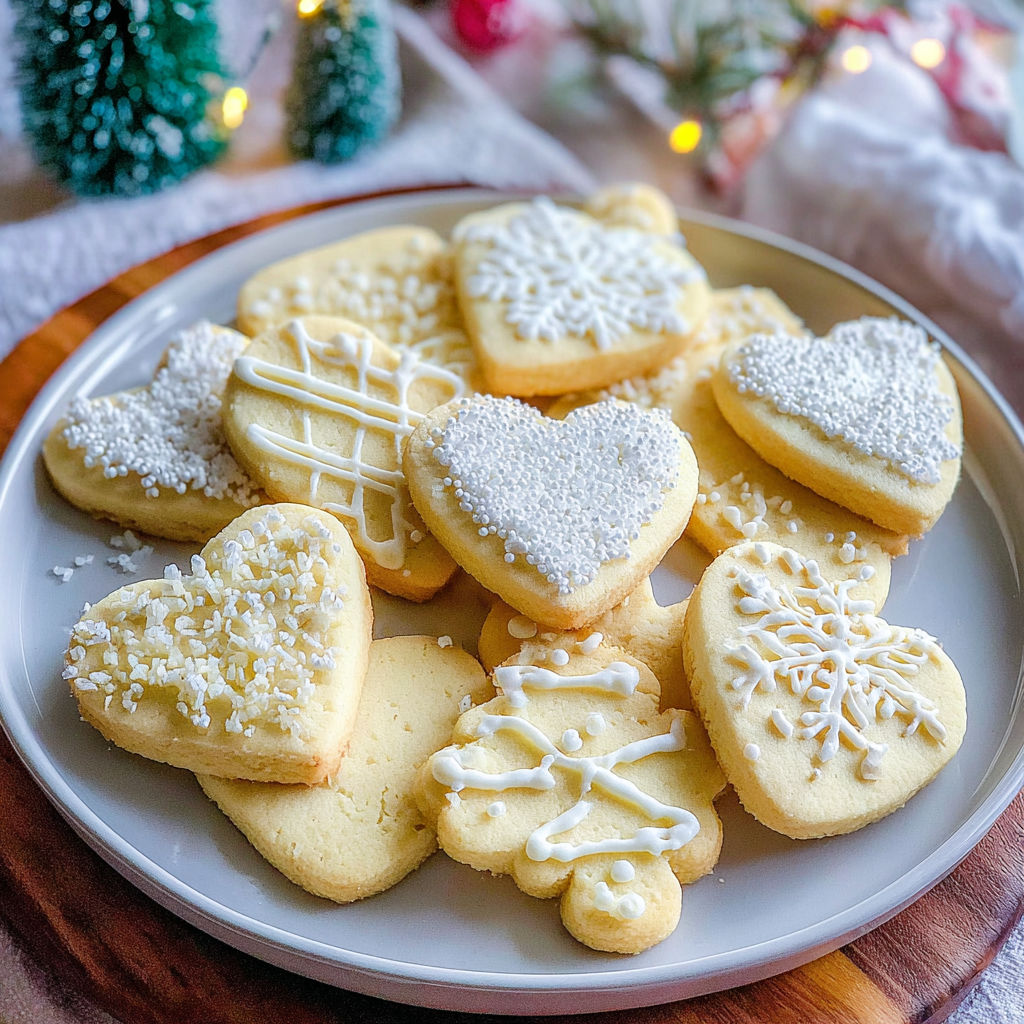 A plate of sugar cookies with hearts and snowflakes on them.