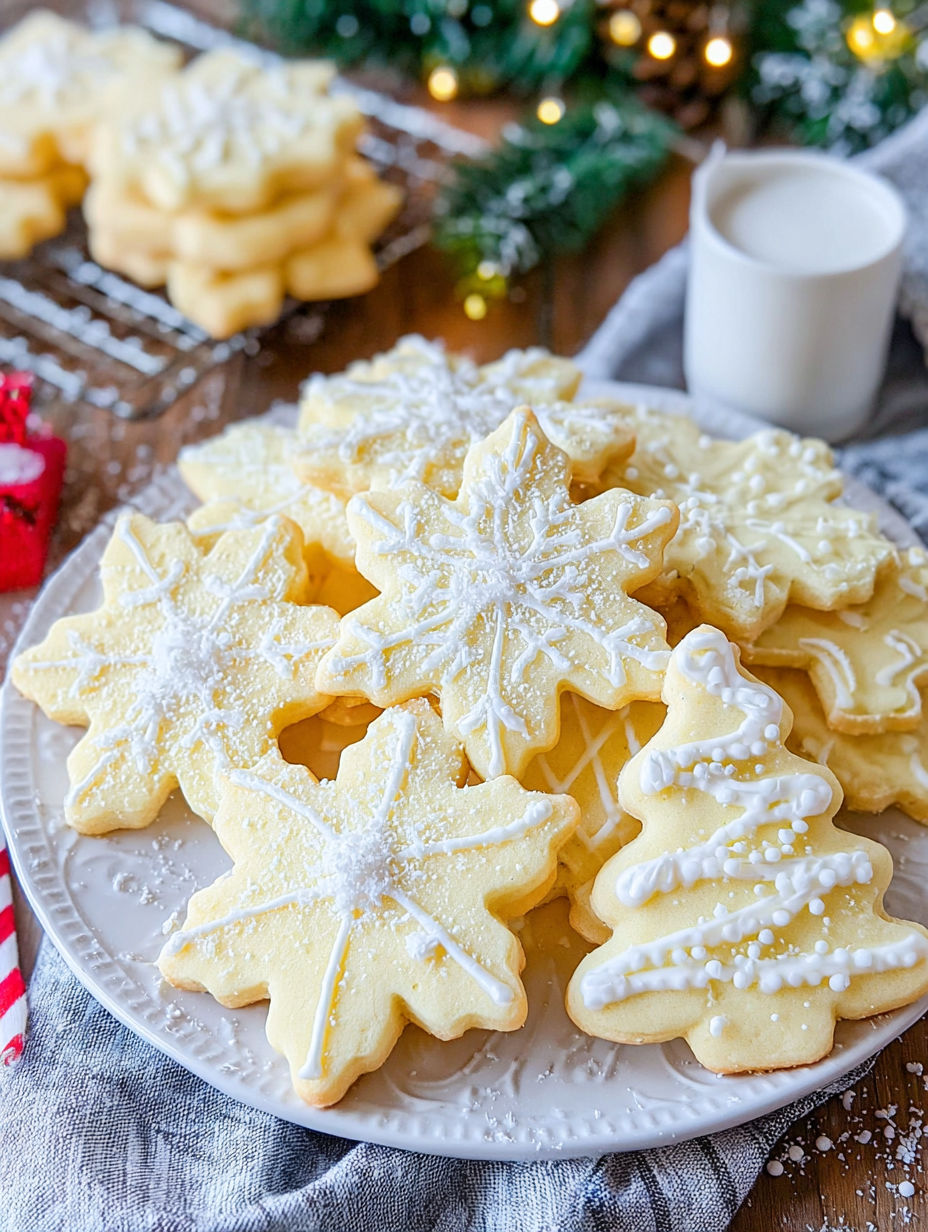 A plate of sugar cookies with white icing and sprinkles.