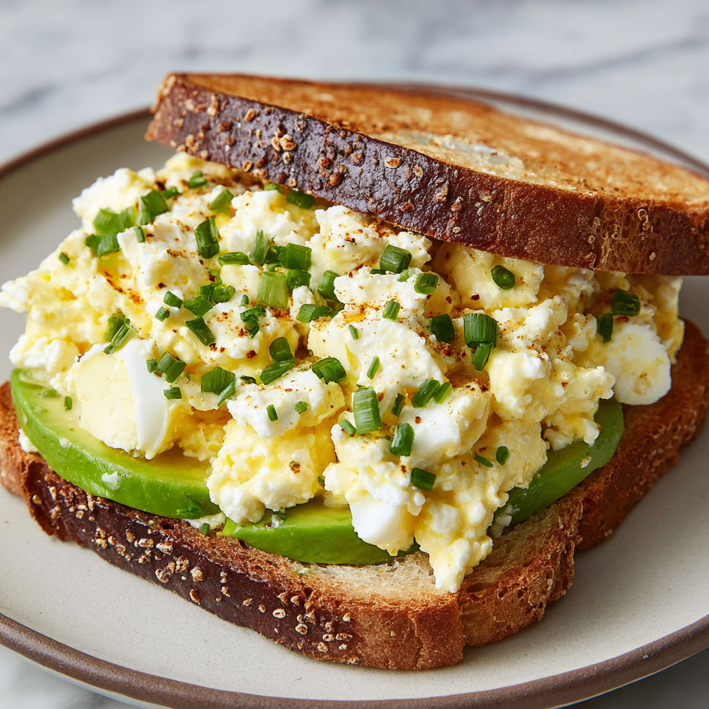 A sandwich with egg salad on top of a brown bread.