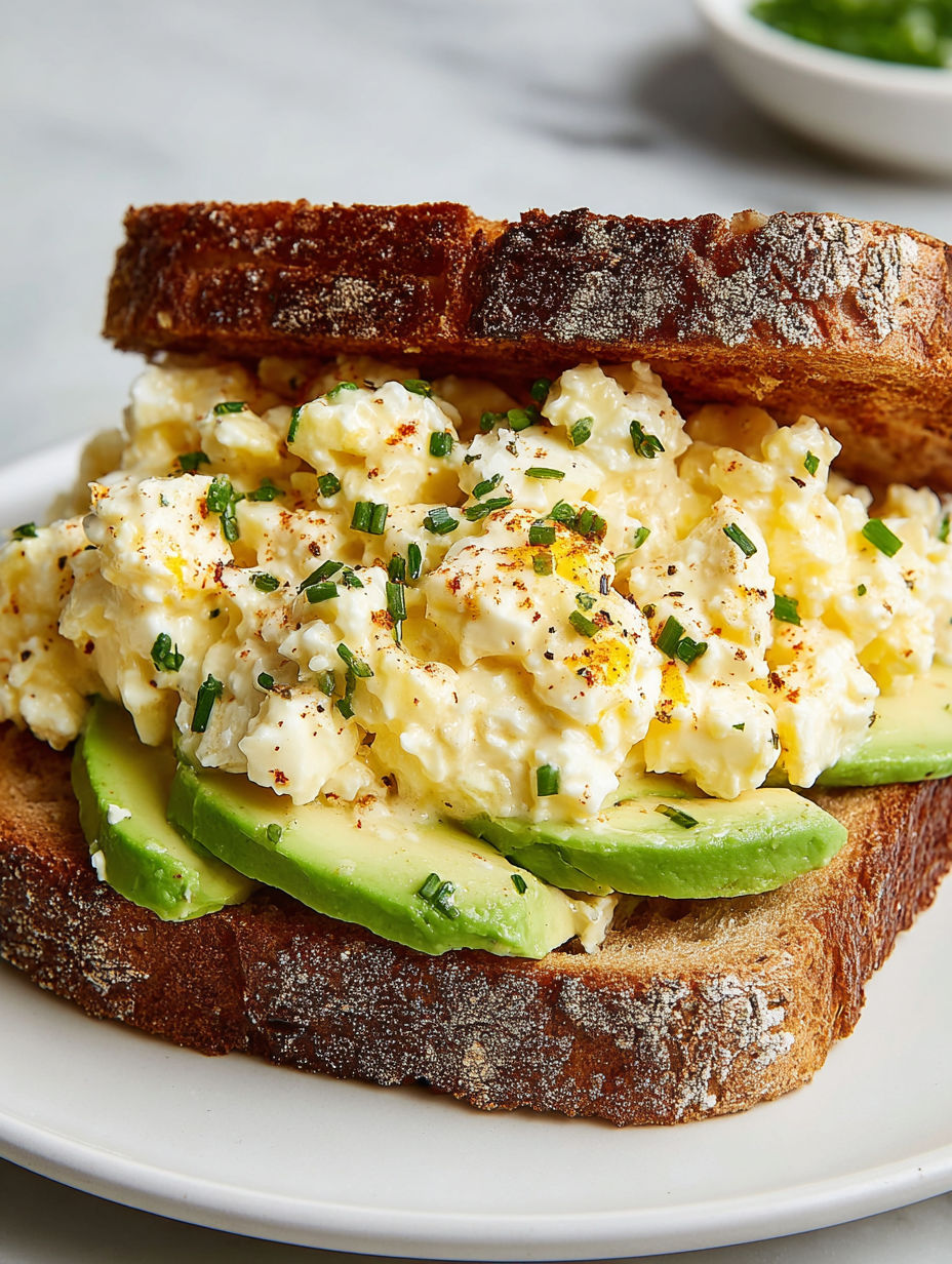 A sandwich with egg salad and avocado.