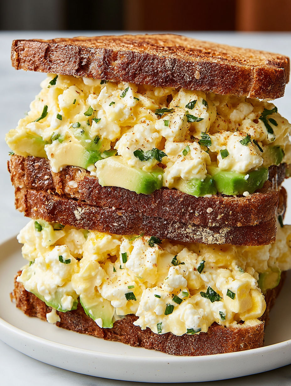 A stack of toast with egg salad on top.