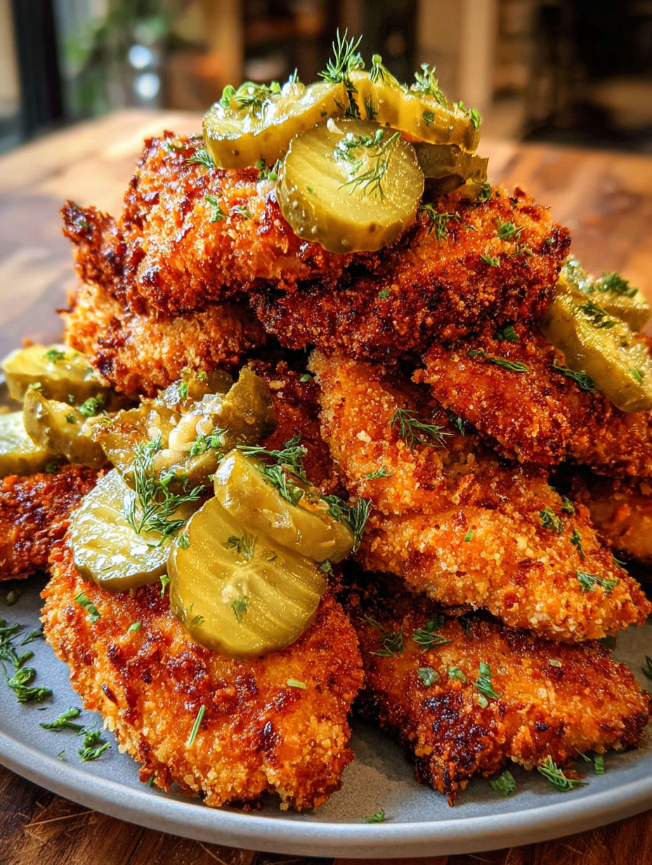 A stack of Crispy Dill Pickle Parmesan Chicken.