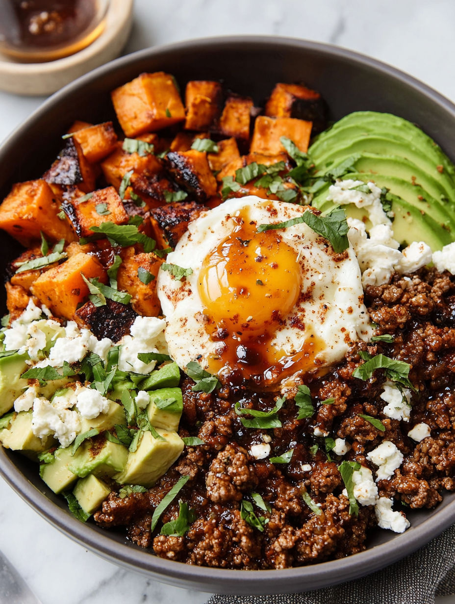 A bowl of food with a fried egg on top.