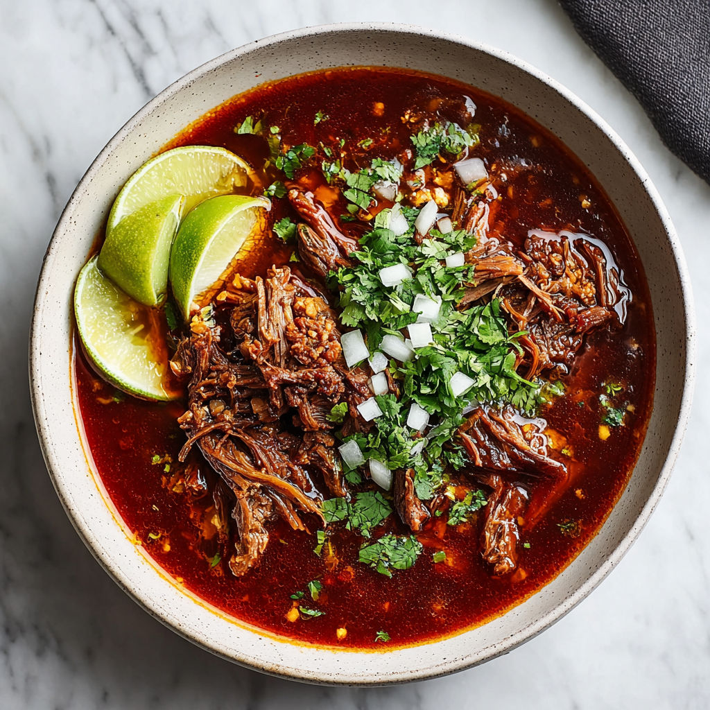 A bowl of beef birria with limes and onions.