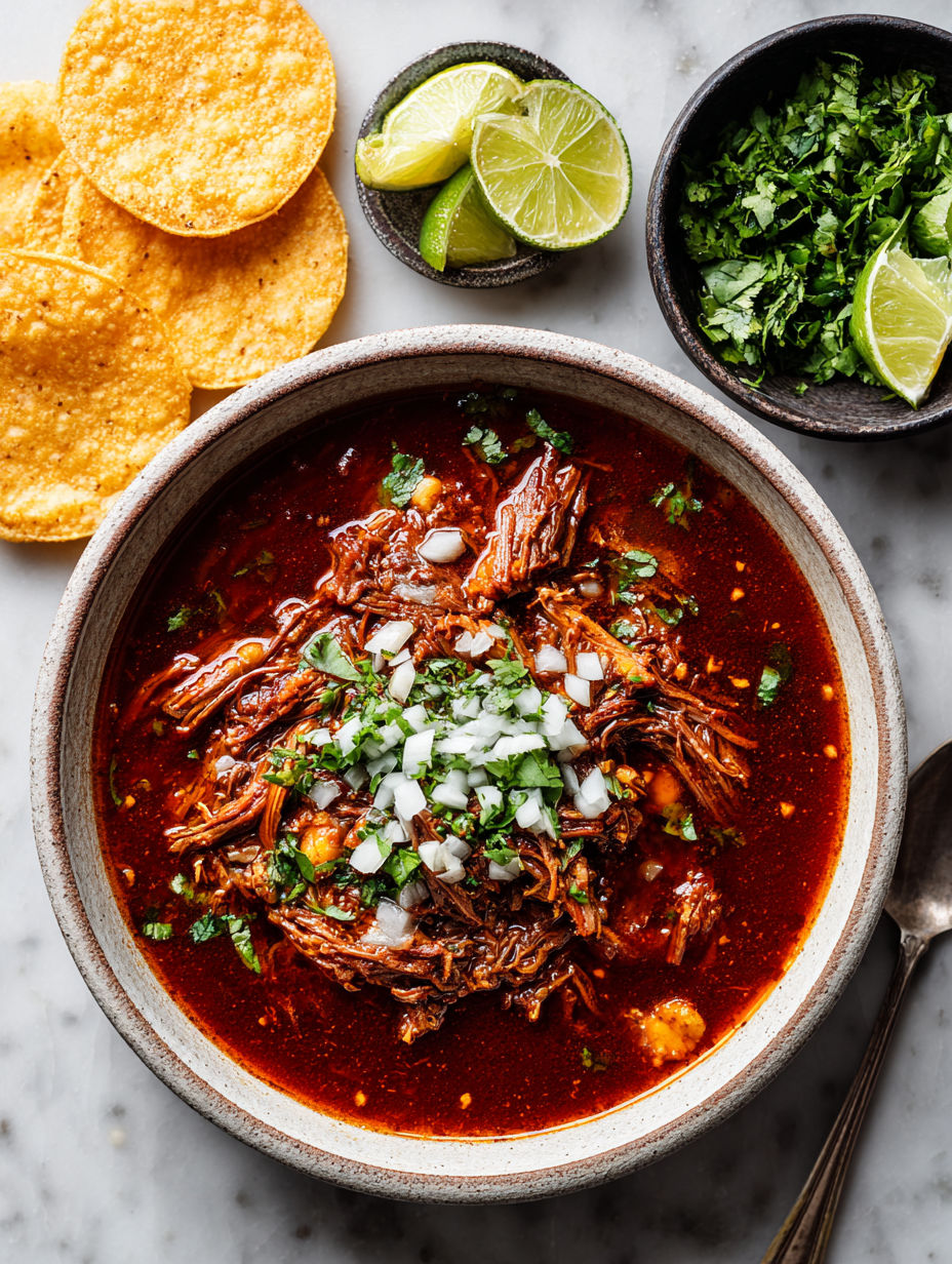 A bowl of beef birria with a spoon in it.