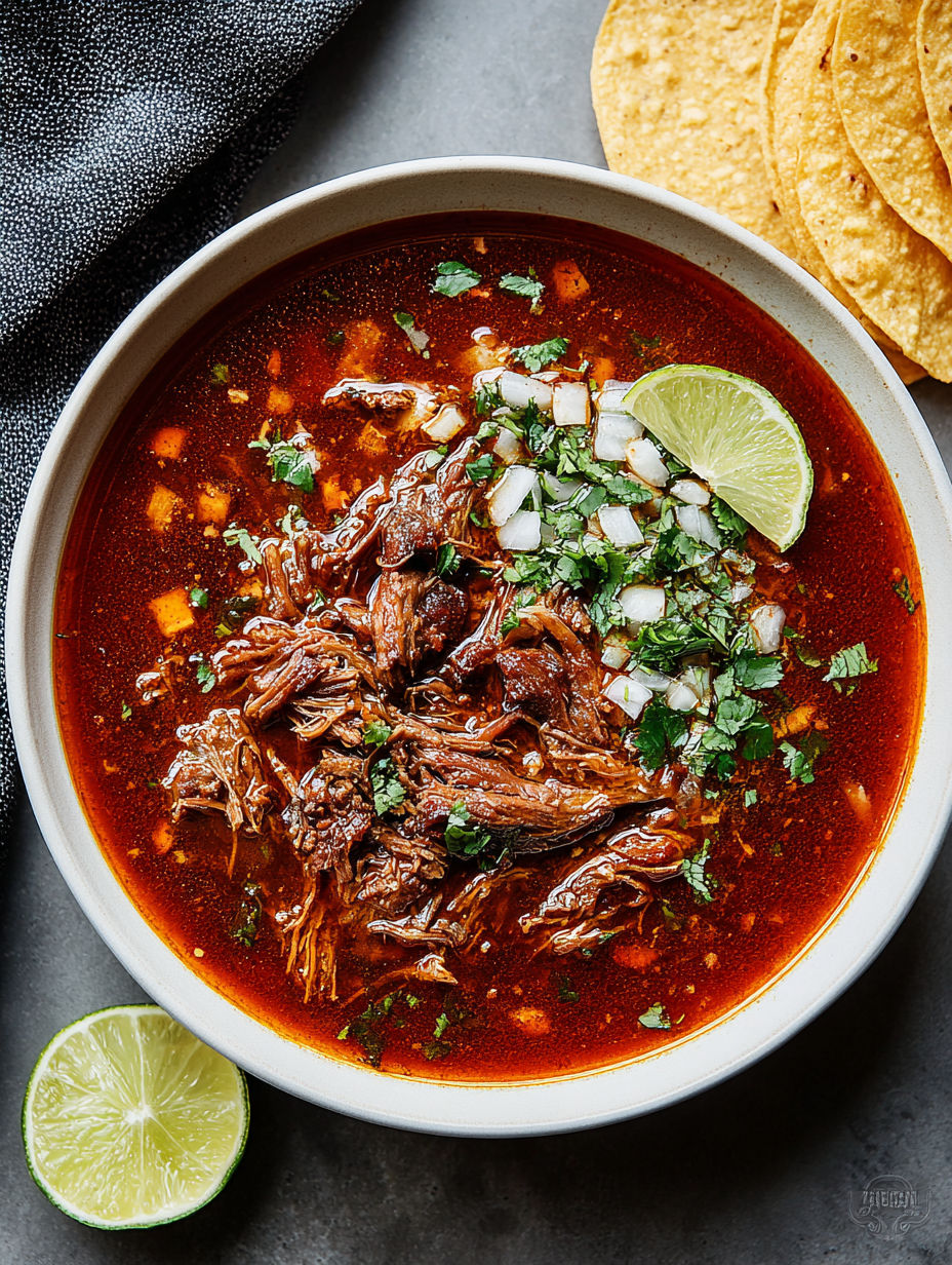 A bowl of beef birria with a lime wedge on the side.