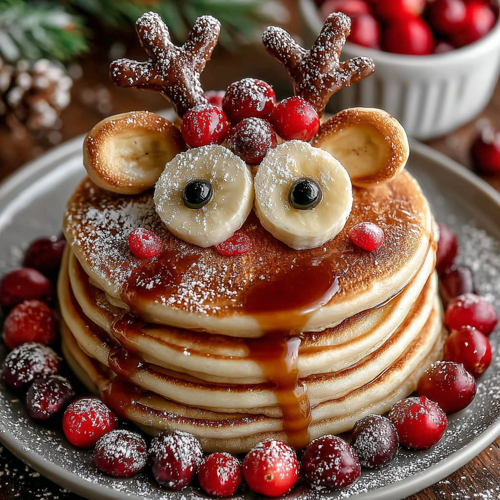 A stack of pancakes with bananas and berries on top.