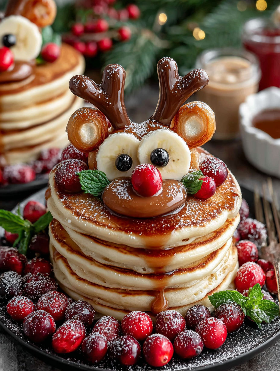 A stack of pancakes with bananas and berries on top, shaped like a reindeer.