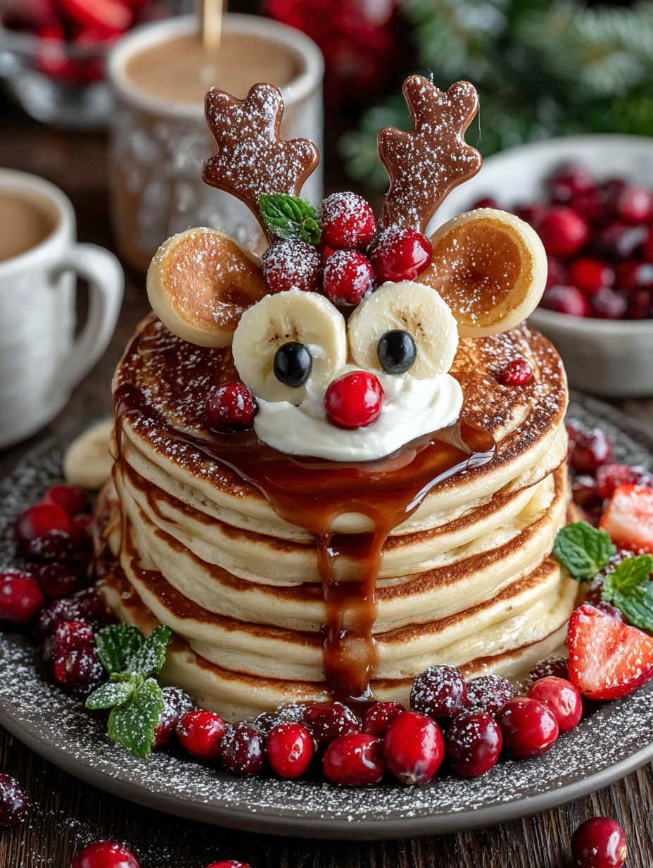 A stack of pancakes with a banana and strawberry on top.