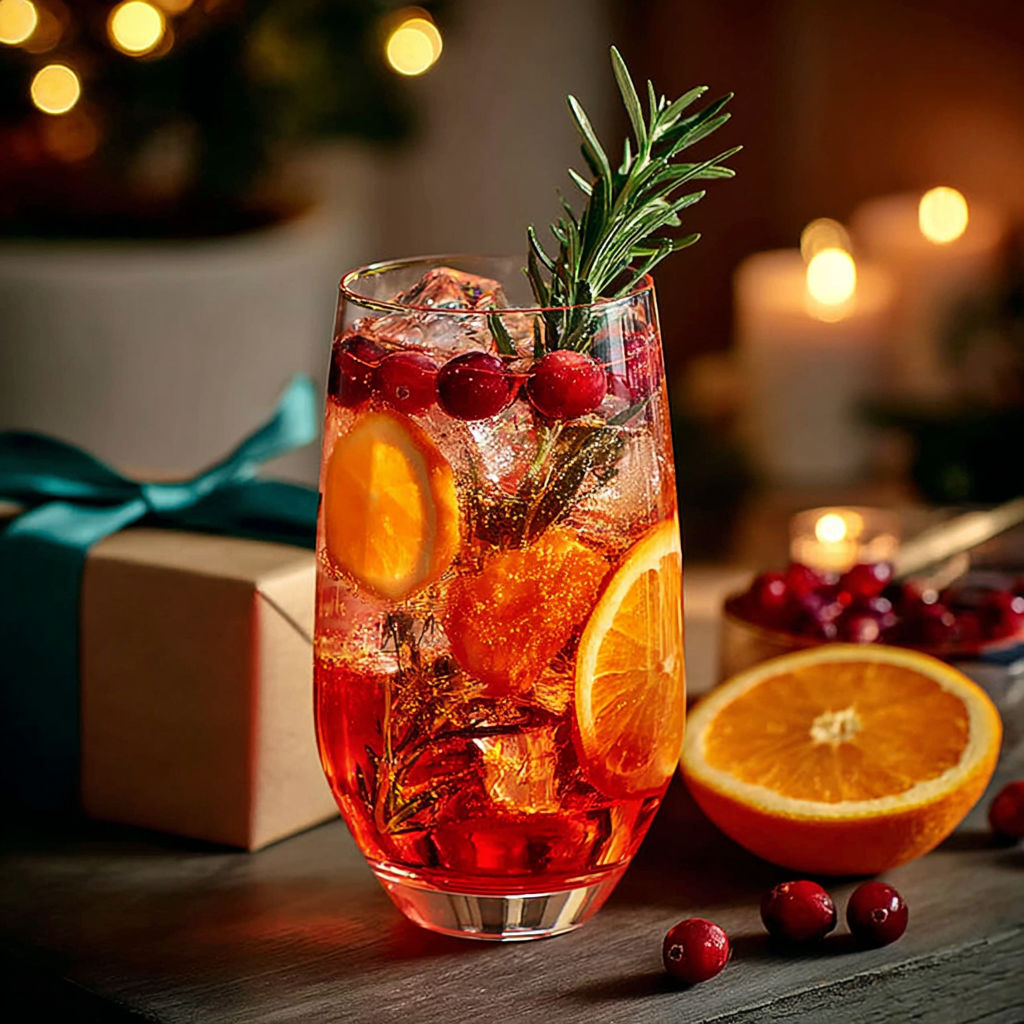 A glass of Aperol Spritz with orange slices and cranberries.