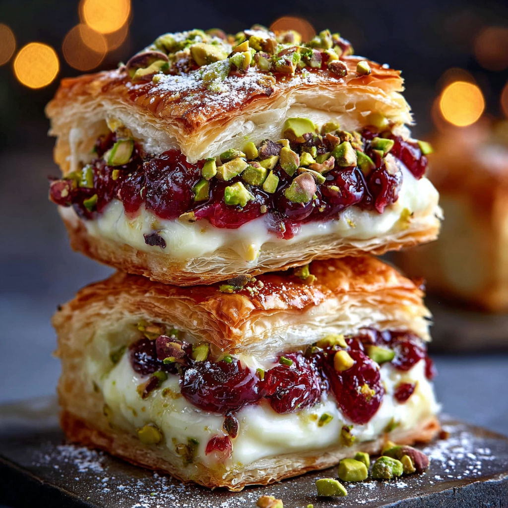 A stack of three cranberry camembert pistachio Christmas pastries.