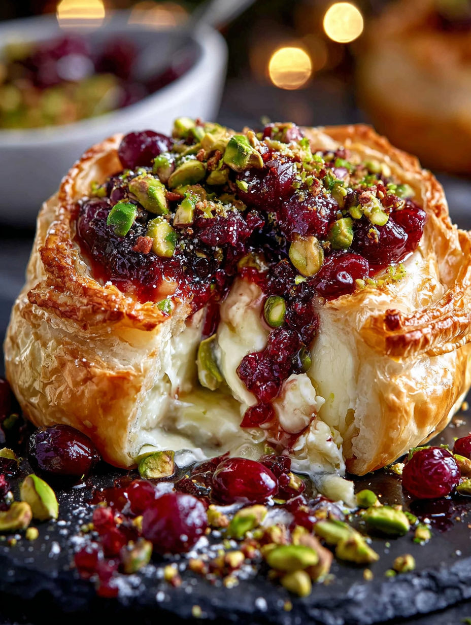 A pastry with cranberry and pistachio toppings.