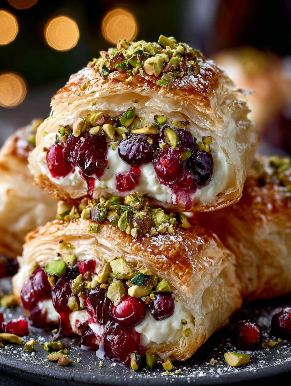 A stack of pastry with cranberry and pistachio toppings.
