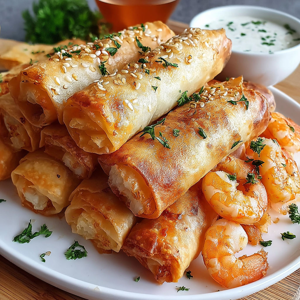 A plate of crispy garlic shrimp cigars.
