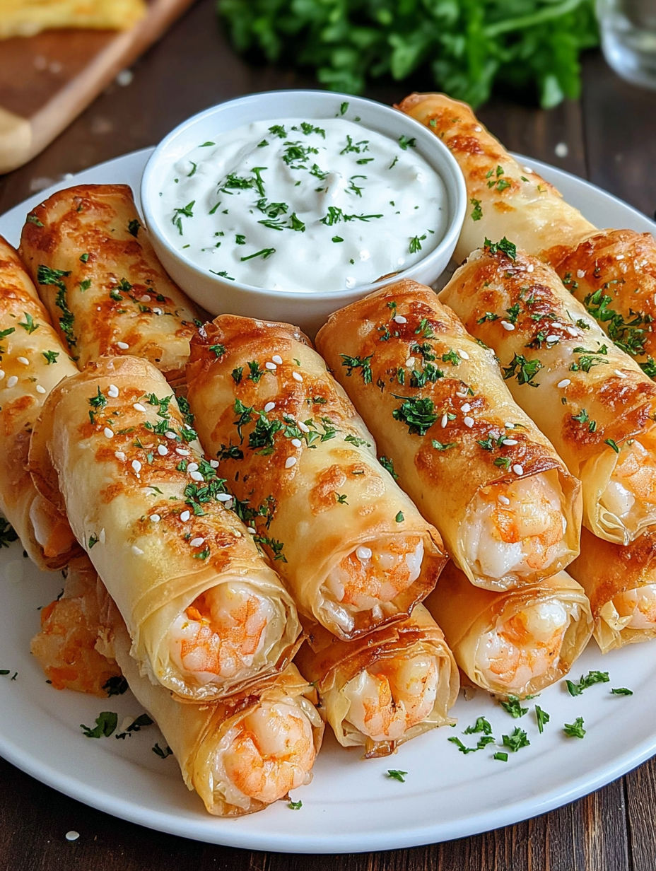 A plate of crispy garlic shrimp cigars.