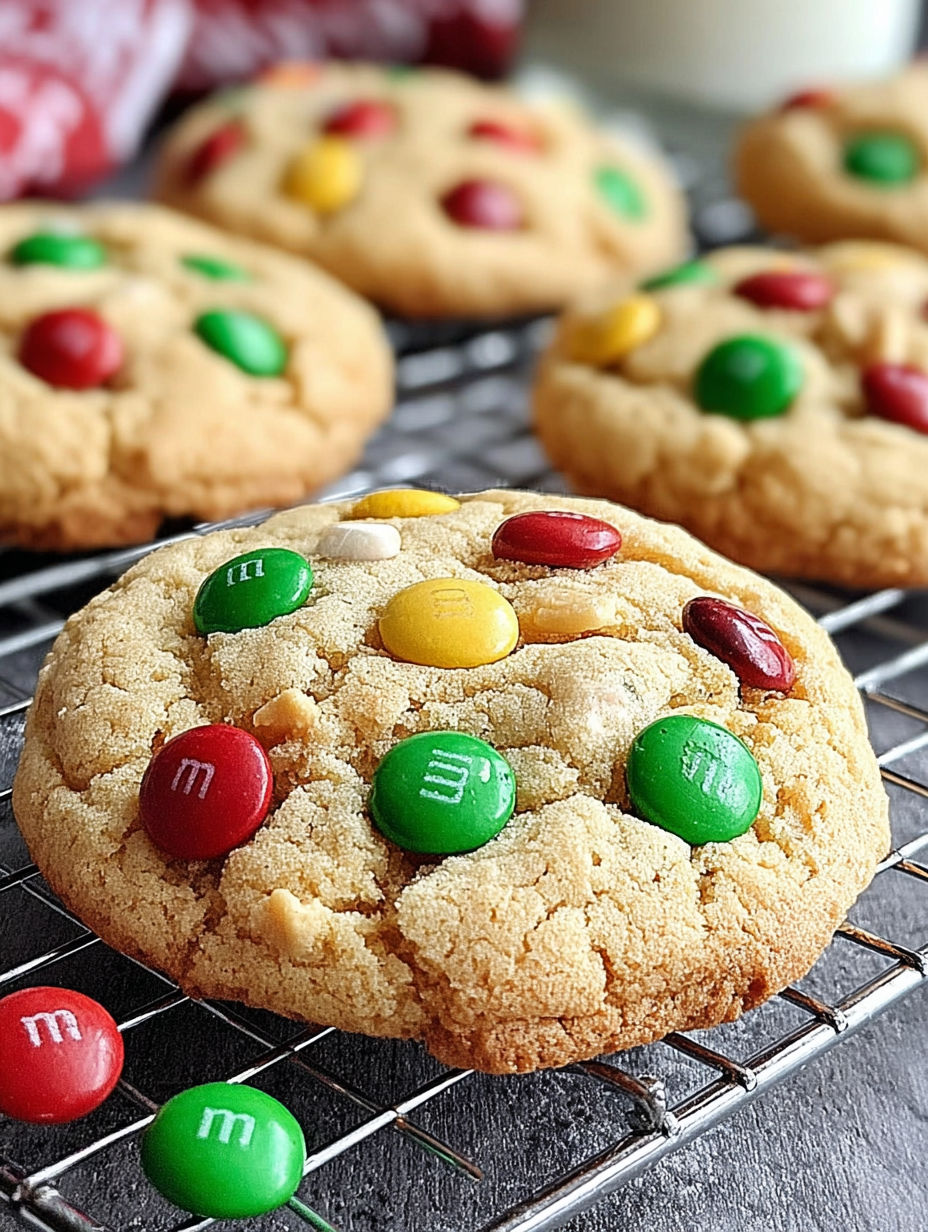 A close up of a cookie with M&M's on it.