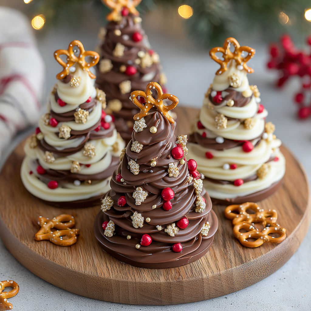Chocolate Christmas trees on a wooden table.
