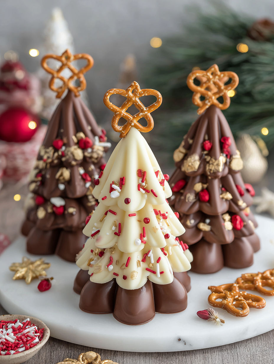 Chocolate Christmas tree with white and red decorations.