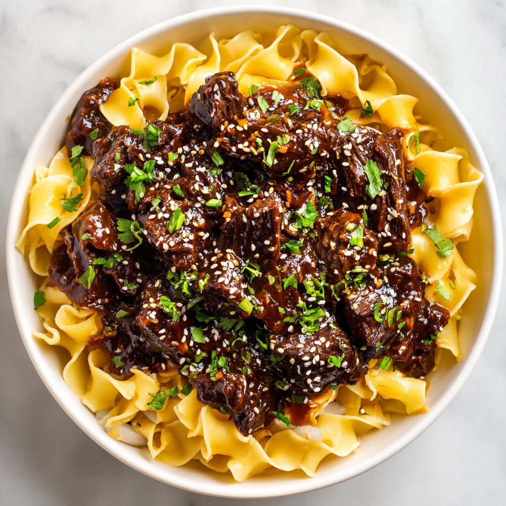 A bowl of slow cooker Korean beef noodles.