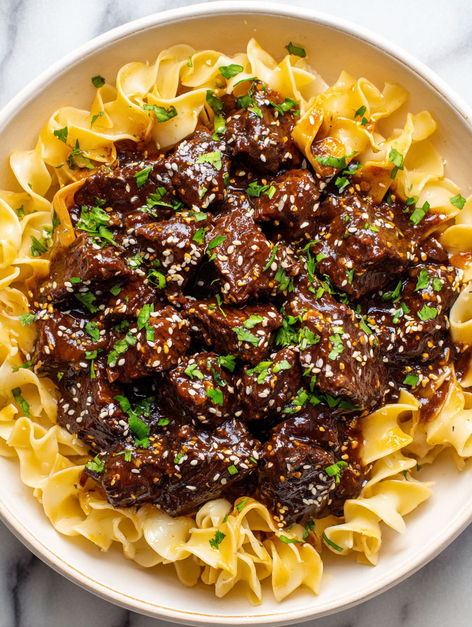 A bowl of beef noodles with a green garnish.